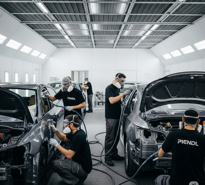 Lackiererei Mitarbeiter bei Lackierarbeiten an Fahrzeugen